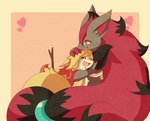 2020 ambiguous_gender anthro arm_tuft blonde_hair braixen braixenchris canid canine chris_(thebraixenchris) claws duo embrace english_text female female/ambiguous fur generation_5_pokemon generation_6_pokemon hair heart_symbol hi_res highlights_(coloring) holidays hug inner_ear_fluff mammal mother's_day mother_(lore) mother_and_child_(lore) nintendo orange_body orange_fur orange_nose parent_(lore) parent_and_child_(lore) pokemon pokemon_(species) ponytail red_claws red_hair shoulder_tuft stick text tuft zoroark