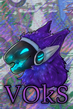 anthro badge fur happy machine male open_mouth protogen_face purple_body purple_fur smile solo text zhekathewolf protogen hi_res