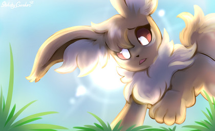 brown_eyes female feral fur grass plant sky solo sun white_body white_fur worried sketchygarden falling_stars nintendo pokemon eevee generation_1_pokemon pokemon_(species) shiny_pokemon hi_res