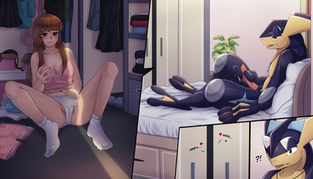 anthro bed bedroom bite biting_lip blush bodily_fluids breasts brown_hair closet clothed clothing duo erection feet female female_human fingering fingering_self footwear furniture genitals hair hand_on_breast heart_symbol holding_breast inside interrobang male male_anthro masturbation membrane_(anatomy) moan narrowed_eyes nude on_bed penile penile_masturbation penis socks sweat sweatdrop toes vaginal vaginal_fingering vaginal_masturbation voyeur webbed_feet webbed_hands donutella nintendo pokemon flash_(donutella) jasmin_(donutella) amphibian generation_6_pokemon greninja human mammal pokemon_(species) absurd_res hi_res