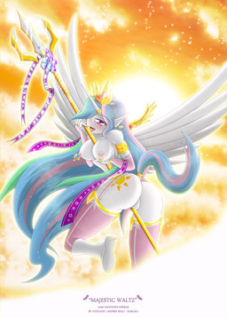 abstract_background anthro anthrofied biped blue_hair blush breasts butt clothing crown cutie_mark feathered_wings feathers female fingerless_gloves footwear fur garter_straps genitals gloves green_hair hair handwear headgear horn legwear licking lingerie looking_at_viewer melee_weapon multicolored_hair nipple_piercing nipples piercing pink_eyes pink_hair polearm princess ribbons royalty shoes simple_background solo staff stockings sun tail tongue tongue_out vulva weapon white_body white_feathers white_fur wings fatelogic friendship_is_magic hasbro my_little_pony mythology princess_celestia_(mlp) equid equine mammal mythological_creature mythological_equine winged_unicorn 2012 absurd_res hi_res