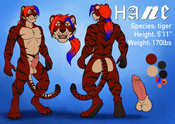 anthro athletic athletic_anthro athletic_male balls black_claws blue_hair butt claws digitigrade ear_piercing ear_ring erection facial_markings front_view fur genitals hair head_markings long_hair male male_anthro markings mouth_closed multicolored_hair nude open_mouth piercing ponytail rear_view red_body red_eyes red_fur red_hair ring_piercing simple_background solo standing striped_arms striped_face striped_legs striped_markings striped_tail stripes tail tail_markings tan_balls tan_body tan_fur toe_claws two_tone_hair hufnaar hane_w_maxwell_(hane) felid mammal pantherine tiger model_sheet