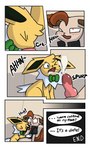 3:5 absurd_res animal_genitalia animal_penis baryon_(otterjunk) bodily_fluids bow_tie canine_genitalia canine_penis cider_(otterjunk) clothing comic cum cum_in_mouth cum_inside dialogue duo eeveelution english_text erection fellatio feral fur fur_tuft generation_1_pokemon generation_4_pokemon genital_fluids genitals green_eyes hi_res jacket jolteon knot leafeon male male/male nintendo oral otterjunk penile penis pink_penis pokemon pokemon_(species) red_eyes sex text topwear tuft