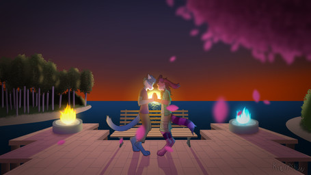 4_toes 5_fingers anthro arm_tuft bench blue_body blue_clothing blue_fire blue_fur blue_hair blue_shirt blue_topwear bottomwear cargo_shorts cheek_tuft chest_tuft clothed clothing colored_fire countershade_face countershade_neck countershading deck_(structure) detailed_background duo ear_tuft elbow_tuft evening eyes_closed facial_tuft falling_leaves feet fingers fire firepit forest fully_clothed fur fur_markings green_clothing green_nose green_shirt green_topwear grey_clothing grey_shirt grey_topwear hair hands_touching hat headgear heads_together headwear lake long_ears long_hair long_pants male markings open_clothing open_shirt open_topwear pants pattern_clothing pattern_shirt pattern_topwear pawpads paws pink_body pink_countershading pink_nose pink_pawpads plaid plaid_clothing plaid_shirt plaid_topwear plant purple_hair ring_(marking) ringed_legs ringed_tail romantic romantic_ambiance romantic_couple shirt shore shorts shrub smile standing striped_markings striped_tail stripes sunset tail tail_markings toes topwear tree tuft water white_body white_countershading white_ears kinipshun domestic_cat felid feline felis mammal werebunny 16:9 absurd_res digital_media_(artwork) hi_res shaded soft_shading watermark widescreen