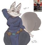 anthro big_breasts breasts clothed clothing ear_piercing female fur grey_body grey_fur looking_at_viewer piercing simple_background smile solo tail text thick_thighs wide_hips gikowinko dreamworks kung_fu_panda zhen_(kung_fu_panda) canid canine corsac_fox fox mammal true_fox 2023 absurd_res digital_media_(artwork) english_text hi_res