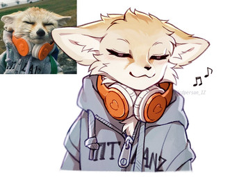 ambiguous_gender anthro black_nose blush blush_lines chest_tuft clothing electronics eyelashes eyes_closed fur grey_clothing grey_topwear headphones markings multicolored_body multicolored_fur smile solo tan_body tan_fur topwear tuft white_body white_fur yellow_body yellow_fur 3rdperson_iz canid canine fennec_fox fox mammal true_fox colored digital_drawing_(artwork) digital_media_(artwork) reference_image shaded