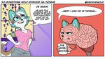 2_panel_comic anthro border bottomwear brown_body brown_fur canid canine canis cheek_tuft clothing coffee_mug dialogue english_text facial_tuft fangs female fur green_body green_fur green_highlights green_sclera grey_body grey_fur hair half-closed_eyes hi_res highlights_(coloring) humor inner_ear_fluff mammal narrowed_eyes open_mouth pants personification red_background shirt simple_background solo speech_bubble sweatpants t-shirt teeth text the_truth topwear tuft white_body white_border white_fur white_hair wolf zephyri_q_wolf zephyriwolf
