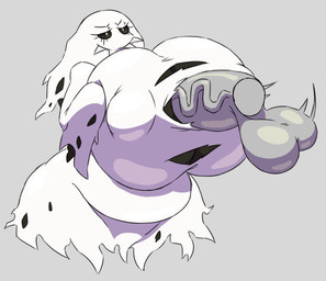big_breasts black_sclera breast_play breasts cloth clothing disembodied_penis duo female genitals ghost_sex huge_breasts male male/female nipple_outline not_furry penis perpendicular_titfuck sex sharp_teeth simple_background smile teeth titfuck torn_clothing cheese_cake bandai_namco digimon bakemon digimon_(species) ghost spirit hi_res