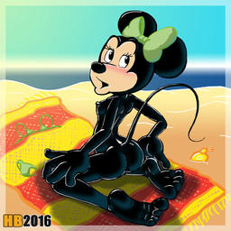anthro barefoot beach bikini biped blush breasts butt clothing detailed_background feet female green_bow looking_back nude oil on_towel outside presenting presenting_hindquarters raised_tail sand seaside sky solo sunbathing swimwear tail towel two-piece_swimsuit water hentai_boy_(artist) disney minnie_mouse house_mouse mammal mouse murid murine rodent 1:1