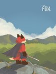 anthro biped bottomwear cape clothing detailed_background humanoid_hands kemono melee_weapon outside red_body shorts solo sword weapon flappydog canid canine fox mammal 2022 3:4