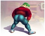 anthro bent_over big_butt blue_bottomwear blue_clothing blue_footwear blue_jeans blue_pants blue_shoes blurred_background border bottomwear bubble_butt butt clothed clothing denim denim_bottomwear denim_clothing footwear fully_clothed green_body green_eyes green_scales grin jacket jeans looking_at_viewer looking_back male pants pink_body pink_scales pupils rear_view red_clothing red_jacket red_topwear running_shoes scales screencap screencap_background sharp_teeth shoes smile solo tan_clothing tan_jacket tan_topwear teeth tight_clothing topwear twerking white_border white_clothing white_footwear white_shoes yellow_body yellow_scales dream_and_nightmare anger_foot crocodile crocodilian crocodylid reptile scalie 2022 5:4