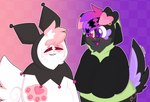 anthro cameo clothing coontail_hair cosplay dewlap_(anatomy) duo ear_piercing gir_hoodie hoodie onesie piercing topwear luvbunny invader_zim nickelodeon onegai_my_melody sanrio cupid_(luvbunny) gir_(invader_zim) kuromi zea_(luvbunny) canid canine demon lagomorph leporid mammal rabbit hi_res