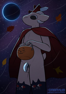 anthro balls black_eyes cape casual_chastity chastity_cage chastity_device clothing food footwear fruit genitals hat headgear headwear highlights_(coloring) holding_object holidays horn leaf legwear light looking_down low-angle_view male melee_weapon moon moonlight night plant pumpkin red_cape red_clothing short_tail sky socks solo standing star sword tail text thigh_highs uwu wardrobe_malfunction weapon wind orbitalis halloween night_in_the_woods mae_borowski bovid caprine mammal sheep hi_res url