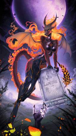 amber_eyes anthro black_latex cemetery claws clothing female fire flaming_hair full_moon grave holidays horn latex long_claws long_tail membrane_(anatomy) membranous_wings moon pseudo_hair pupils slit_pupils tail tombstone wings coolpenya halloween hellaverse helluva_boss mythology loona_(helluva_boss) pompeii_(timberwolfl) canid canid_demon canine demon dragon hellhound mammal mythological_canine mythological_creature mythological_scalie scalie absurd_res hi_res