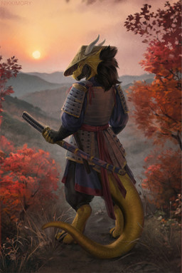 2_horns anthro armor asian_conical_hat biped black_body black_clothing black_fingerless_gloves black_gloves black_handwear black_scales clothed clothing digitigrade fingerless_gloves furgonomic_hat furgonomic_headwear furgonomics gloves grass handwear hat headgear headwear holding_katana holding_melee_weapon holding_object holding_sword holding_weapon horn katana looking_at_viewer looking_back looking_back_at_viewer male melee_weapon outside plant samurai samurai_armor scales solo sunset sword tree warrior weapon yellow_body yellow_scales nikkimory mythology luke_mortora dragon mythological_creature mythological_scalie scalie 2025 hi_res