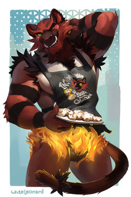 anthro apron clothing fur green_eyes looking_at_viewer male muscular muscular_anthro muscular_male one_eye_closed solo standing tail nintendo pokemon felid feline generation_7_pokemon incineroar mammal pokemon_(species) hi_res