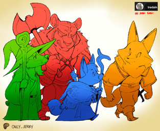 anthro axe belt boots bottomwear clothed clothing fingers footwear fur group hat headgear headwear holding_axe holding_object loincloth pants robe shoes smile stripes topwear walking wizard_hat wizard_robe dahecksajerry canid canine felid fox mammal pantherine tiger hi_res