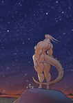 2021 anthro breasts butt cloud conditional_dnp female horn jollyjack kaiju lemony_(jollyjack) macro mountain muscular muscular_arms muscular_female muscular_thighs night nude observatory orange_body orange_scales outside scales scalie side_boob sky solo star starry_sky tail