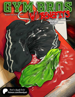 athletic_wear bench_press bodily_fluids bottomwear clothing cum cum_drip dripping genital_fluids gym gym_bottomwear shorts text zero_pictured thendyart gym_bros_w_benefits_(thendyart) absurd_res comic cover cover_art cover_page english_text hi_res url