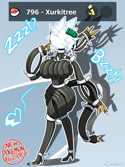 after_transformation big_breasts big_butt breasts butt buzzing cleavage clothed clothing eyeless female feral heart_symbol human_to_anthro mind_alteration number pokedex_number pokemon_professor solo species_transformation tail text thick_thighs transformation wire chabble nintendo pokemon professor_burnet generation_7_pokemon humanoid pokemon_(species) ultra_beast xurkitree english_text hi_res