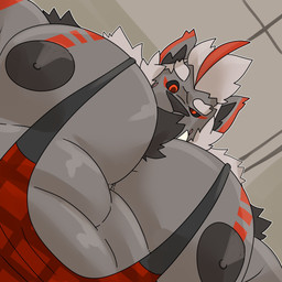 abs anthro beard big_muscles big_pecs black_sclera ceiling chest_markings clothing facial_hair fur grey_body grey_fur hair highlights_(coloring) inside low-angle_view male markings muscular neck_tuft pattern_clothing pattern_topwear pecs plaid plaid_clothing plaid_topwear red_eyes red_highlights shirt solo tank_top topwear tuft white_hair worm's-eye_view zhamignis pec_pov_meme felid lion mammal pantherine 1:1 2024 hi_res meme