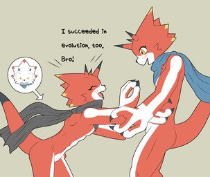 abs anthro blush duo evolution hand_holding horn male male/male red_body scarf smile text tmdduq6918 bandai_namco digimon betelgammamon digimon_(species) gammamon scalie english_text hi_res brother_(lore) brothers_(lore) sibling_(lore)