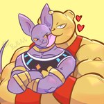 anthro big_dom_small_sub carrying_another clothed clothing dominant duo hairless heart_symbol hug larger_male licking male male/male muscular muscular_anthro muscular_male overweight overweight_anthro overweight_male purple_body red_clothing red_topwear simple_background size_difference smaller_male smile tongue tongue_out topwear beetleartz bandai_namco dragon_ball dragon_ball_super toei_animation beerus botamo alien bear domestic_cat felid feline felis hairless_cat mammal 1:1 digital_media_(artwork) hi_res