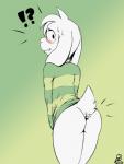 anthro blush bottomless butt clothed clothing embarrassed femboy fur gradient_background horn interrobang looking_at_viewer looking_back looking_back_at_viewer male simple_background smile solo surprise wide_hips young young_male byondrage third-party_edit undertale undertale_(series) asriel_dreemurr boss_monster_(undertale) bovid caprine goat mammal 2015 colored digital_media_(artwork) hi_res