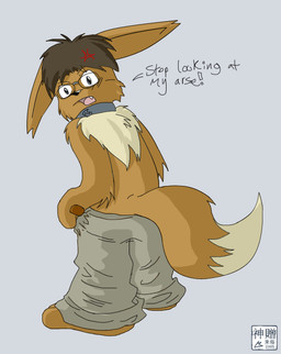 after_transformation angry annoyed anthro biped bipedal_feral blush bottomwear brown_body brown_fur brown_hair clothed clothing collar cross-popping_vein cute_fangs embarrassed eyewear fangs feral fur glasses grey_background hair holding_bottomwear holding_clothing holding_object holding_pants looking_at_viewer looking_back male mane open_mouth oversized_bottomwear oversized_clothing oversized_pants pants partially_clothed sharp_teeth shrunk simple_background solo talking_to_viewer tan_body tan_fur teeth text topless moofers-mufa nintendo pokemon eevee generation_1_pokemon pokemon_(species) english_text