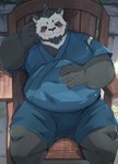 anthro belly black_body black_fur black_nose blush bottomwear chair clothing detailed_background eyes_closed fur furniture humanoid_hands jinbei_(clothing) kemono male overweight overweight_male shorts sitting solo white_body white_fur tengzai05 bear giant_panda mammal 2024 hi_res