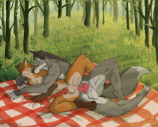 4_toes anal anal_penetration animal_genitalia animal_penis anthro balls bedding blanket blush brown_ears brown_hair brown_nose brown_paws butt canine_genitalia canine_penis claws detached_sheath dipstick_ears dipstick_tail dominant dominant_male duo ear_markings erection erection_while_penetrated eyes_closed feet fluffy fluffy_balls fluffy_tail forest forest_background fur genitals gloves_(marking) grabbing_sheets grey_body grey_fur hair happy knot larger_dom leg_markings licking licking_another licking_body licking_partner looking_pleasured male male/male markings mouth_closed multicolored_ears nature nature_background nude orange_body orange_fur orange_tail outside outside_sex pawpads penetration penile penile_penetration penis penis_in_ass plant pose red_penis seductive sex sheath size_difference socks_(marking) submissive submissive_male tail tail_markings tan_body tan_fur toe_claws toes tongue tree white_balls white_body white_fur white_tail_tip citrus_tree_(artist) rosfox canid canine canis fox mammal red_fox true_fox wolf digital_drawing_(artwork) digital_media_(artwork) hi_res