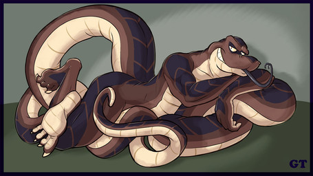 anthro coiling donner_(gtskunkrat) feet forked_tongue long_tail long_tongue looking_at_viewer male muscular muscular_male pupils slit_pupils soles solo tail tail_coil teeth toes tongue gtskunkrat python reptile scalie snake 16:9 hi_res widescreen