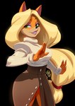 anthro black_background blonde_hair clothed clothing female green_eyes hair high_waisted_skirt long_hair long_sleeves shirt simple_background smile solo topwear white_clothing white_shirt white_topwear tovio_rogers activision crash_bandicoot_(series) bandicoot mammal marsupial 2023 hi_res portrait three-quarter_portrait