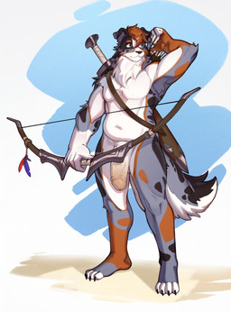 4_toes 5_fingers anthro armpit_hair arrow_(weapon) balls big_penis black_nose body_hair bow_(weapon) clothed clothing feet fingers fur genitals glans grey_body grey_fur hair hindpaw humanoid_genitalia humanoid_hands humanoid_penis male melee_weapon multicolored_body multicolored_fur navel nude nude_anthro nude_male paws penis quiver_(object) ranged_weapon red_hair scabbard solo standing sword tail toes topless topless_anthro topless_male tribal two_tone_body two_tone_fur vein veiny_penis weapon white_body white_fur sshurart canid canine canis collie domestic_dog herding_dog mammal pastoral_dog sheepdog hi_res