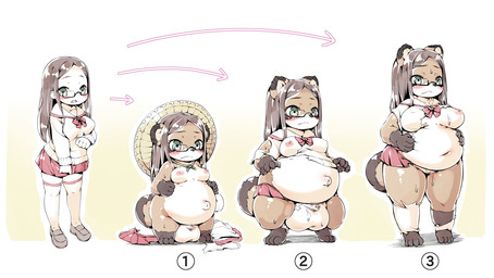 anthro balls base_one_layout basic_sequence belly big_balls big_belly clothed clothing female four_frame_image four_frame_sequence ftg_transformation fti_transformation gender_transformation genitals gynomorph intersex kemono linear_sequence micropenis navel one_row_layout outie_navel overweight overweight_intersex penis small_penis solo species_transformation transformation transformation_sequence oseron canid canine mammal raccoon_dog tanuki 2015 censored sequence