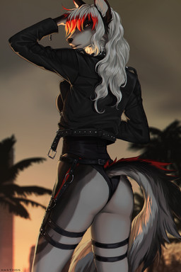 anthro biped butt clothing female hair jacket long_hair looking_back palm_tree plant solo topwear tree hastogs kami_(krimm) canid canine canis mammal wolf 2023 hi_res
