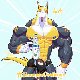 abs anthro biceps big_bulge big_muscles black_body black_fur bulge clothing fur male muscular muscular_anthro muscular_male nipples pecs shampoo sideways-pointing_bulge solo tongue tongue_out underwear white_body white_fur yellow_body yellow_fur wolfiecanem nintendo pokemon shampoo_challenge bolton_(wolfie_canem) boltund canid canine generation_8_pokemon mammal pokemon_(species) 1:1 absurd_res hi_res meme