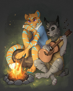 acoustic_guitar anthro blue_clothing blue_shirt blue_stripes blue_topwear campfire cheek_tuft clothing duo eyes_closed facial_tuft fur grey_body grey_fur grey_stripes guitar inner_ear_fluff light log musical_instrument playing_guitar playing_music plucked_string_instrument purple_eyes shirt sitting string_instrument striped_body striped_fur stripes topwear tuft wood yellow_body yellow_clothing yellow_fur yellow_shirt yellow_topwear yshanii felid mammal hi_res lighting shaded