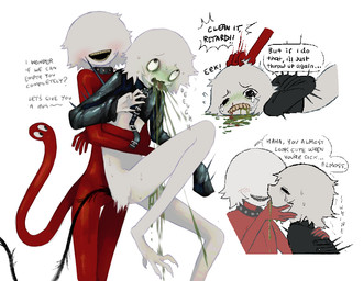 :d ableist_slur against_floor ambiguous_gender ambiguous_humanoid barefoot belt black_belt black_collar black_tail blood blush bodily_fluids bullying clenched_teeth clothed clothed_ambiguous clothed_humanoid clothing collar crying duo eek emetophilia feet forced fur grey_body grey_fur holding_another holding_character ill insult latex_straitjacket living_tail looking_up lying multiple_angles nosebleed on_front open_mouth open_smile quills_(anatomy) red_body red_skin restraints sadism simple_background smile spiked_clothing spikes straitjacket sweat sweatdrop tail tears teasing teeth text unusual_anatomy unusual_tail vomit vomiting white_background yellow_teeth jejejunum mumble_(jejejunum) screech_(jejejunum) demon demon_humanoid humanoid tailed_humanoid digital_drawing_(artwork) digital_media_(artwork) english_text multiple_images