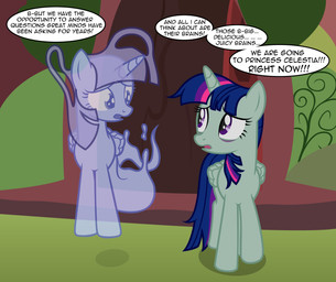 alternate_color alternate_species blue_body blue_feathers dialogue duo feathered_wings feathers female feral ghost_tail horn text wings badumsquish friendship_is_magic hasbro my_little_pony mythology twilight_sparkle_(mlp) equid equine ghost mammal mythological_creature mythological_equine spirit undead winged_unicorn zombie 2016 english_text hi_res