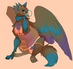 4_toes beak blue_eyes blue_tongue bow_ribbon clothed clothing crossdressing feathered_wings feathers feet feral intersex legwear lingerie lingerie_on_feral open_mouth orange_background panties simple_background sitting smile solo stockings tail toes tongue topwear underwear wings hoot_(artist) mythology rein_(amaterasu1) avian gryphon mythological_avian mythological_creature
