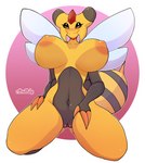 absurd_res anthro areola arthropod big_breasts blush breasts female generation_4_pokemon genitals hi_res hymenopteran insect insect_wings nintendo nipples nude pokemon pokemon_(species) pussy red_eyes rudytheshark simple_background smile solo vespiquen wings