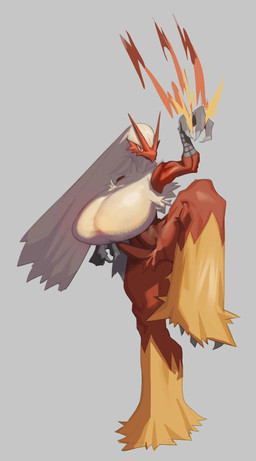 anthro beak big_breasts biped blue_eyes breasts claws feet female female_anthro front_view fur huge_breasts looking_forward pose raised_leg red_body simple_background solo talons toes yellow_body yellow_sclera lys_ndsf nintendo pokemon blaziken generation_3_pokemon pokemon_(species) 2026 digital_media_(artwork) digital_painting_(artwork) hi_res painting_(artwork) shaded