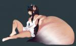 anthro big_tail biped black_hair breasts clothed clothing dress female fluffy fluffy_tail fur hair huge_tail long_hair simple_background sitting solo tail white_clothing white_dress petitecat felid mammal