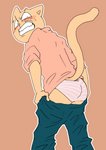 anthro bottomwear bottomwear_down butt clothed clothing looking_at_viewer looking_back male panties pants pants_down partially_clothed pattern_clothing pattern_underwear solo striped_clothing striped_underwear stripes surprise underwear crescendeon undertale undertale_(series) burgerpants domestic_cat felid feline felis mammal 2018 absurd_res hi_res