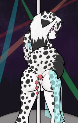 anal anal_beads anthro biped black_body black_fur black_spots female fur genitals looking_at_viewer looking_back markings pole purple_eyes sex_toy solo spots spotted_body spotted_fur standing vulva white_body white_fur wide_hips artemisthedusky artemis_the_dalmahusky canid canine canis dalmatian domestic_dog husky hybrid mammal nordic_sled_dog spitz hi_res