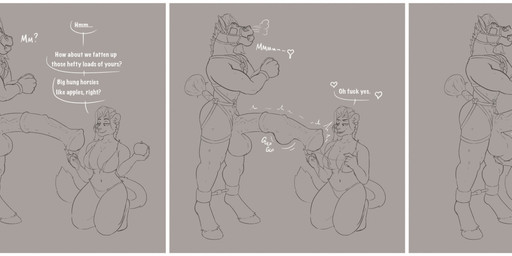 3_panel_comic animal_genitalia animal_penis anthro balls big_penis bodily_fluids bound breasts breath cock_vore cum dialogue duo eating equine_genitalia equine_penis female flared_penis food fruit genital_fluids genitals gulp_(sound_effect) gurgling_balls harness harness_only heart_symbol huge_penis hyper hyper_genitalia hyper_penis male male/female medial_ring moan nude_male object_insertion object_vore penetration penile penis plant profanity standing text urethral urethral_penetration vore masterokami equid equine felid feline horse mammal english_text hi_res