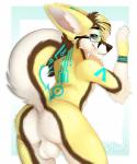 anthro anus backsack balls big_balls brown_eyes butt circuit_markings eyewear fur genitals glasses looking_at_viewer looking_back looking_back_at_viewer male markings pose solo yellow_body yellow_fur kwik_(artist) lumunix canid canine fennec_fox fox mammal true_fox absurd_res hi_res pinup