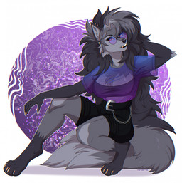 anthro biped bottomwear claws clothed clothed_anthro clothed_female clothing eyewear feet female fingers front_view fully_clothed fully_clothed_anthro fully_clothed_female glasses hair looking_at_viewer piercing smile solo teeth toes topwear chaiteakitten canid canine canis mammal wolf 2025 digital_drawing_(artwork) digital_media_(artwork) hi_res