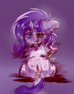 abuse acrotomophilia amputee anal anus blood bodily_fluids body_writing cum cum_in_mouth cum_inside cum_on_face disability female genital_fluids genitals gore gore_focus grotesque horn knife nude one_eye_closed open_mouth scarification sex_toy solo tail telekinesis vulva rugr friendship_is_magic hasbro my_little_pony mythology rarity_(mlp) equid equine horse mammal mythological_creature mythological_equine pony unicorn hi_res